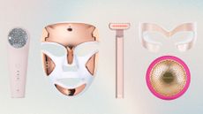 Collage of the best red light therapy devices on a pastel watercolour background 