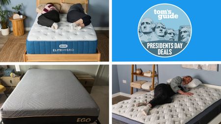 A collage shows the testing of three mattresses best for side sleepers. A Presidents' day deal badge is seen in the top-right foreground. 