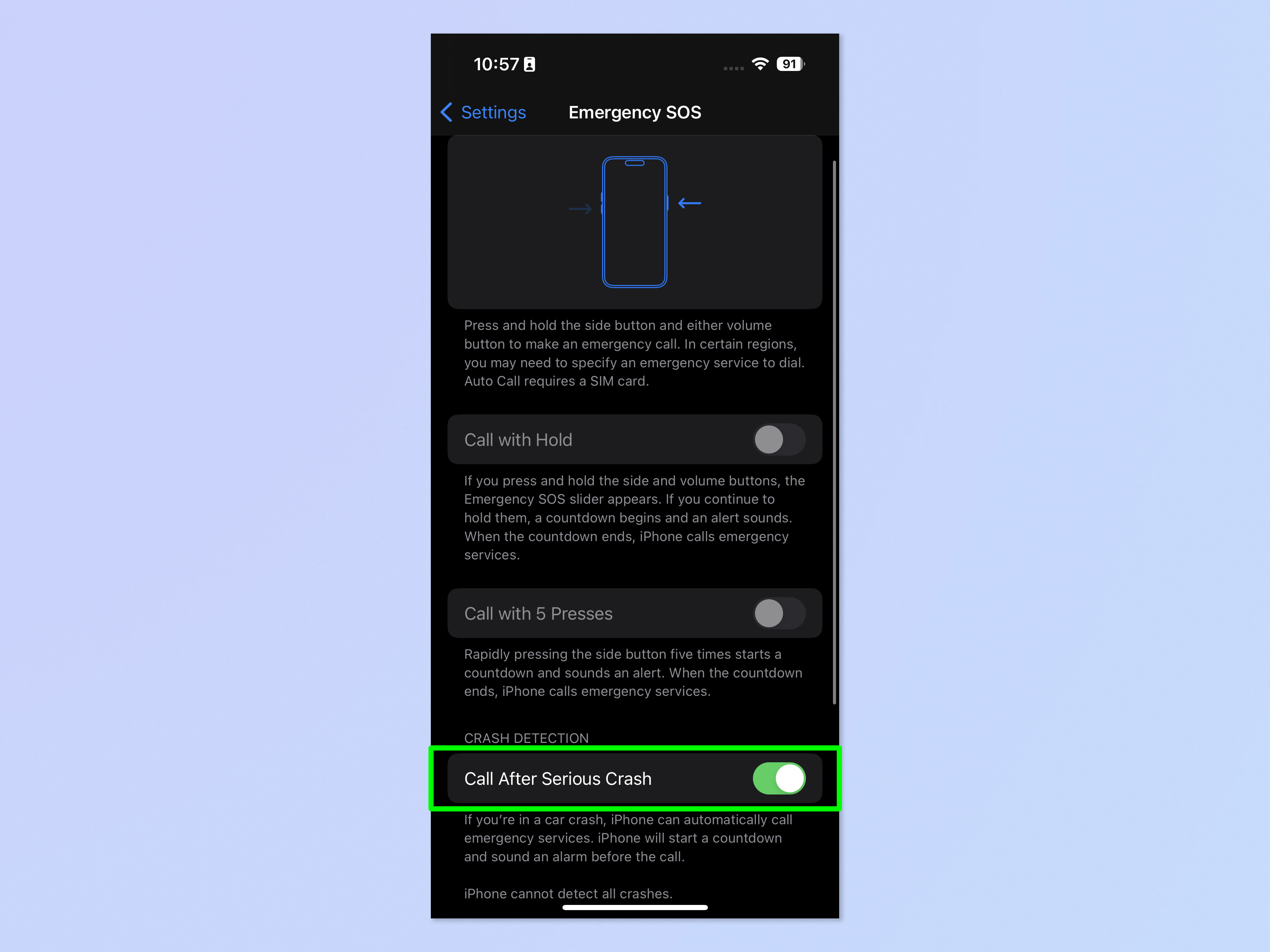 Снимок экрана, показывающий, как включить и отключить обнаружение сбоев на iPhone.