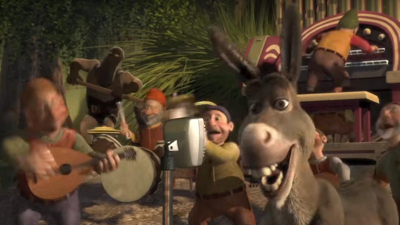 Donkey singing at the Swamp in Shrek