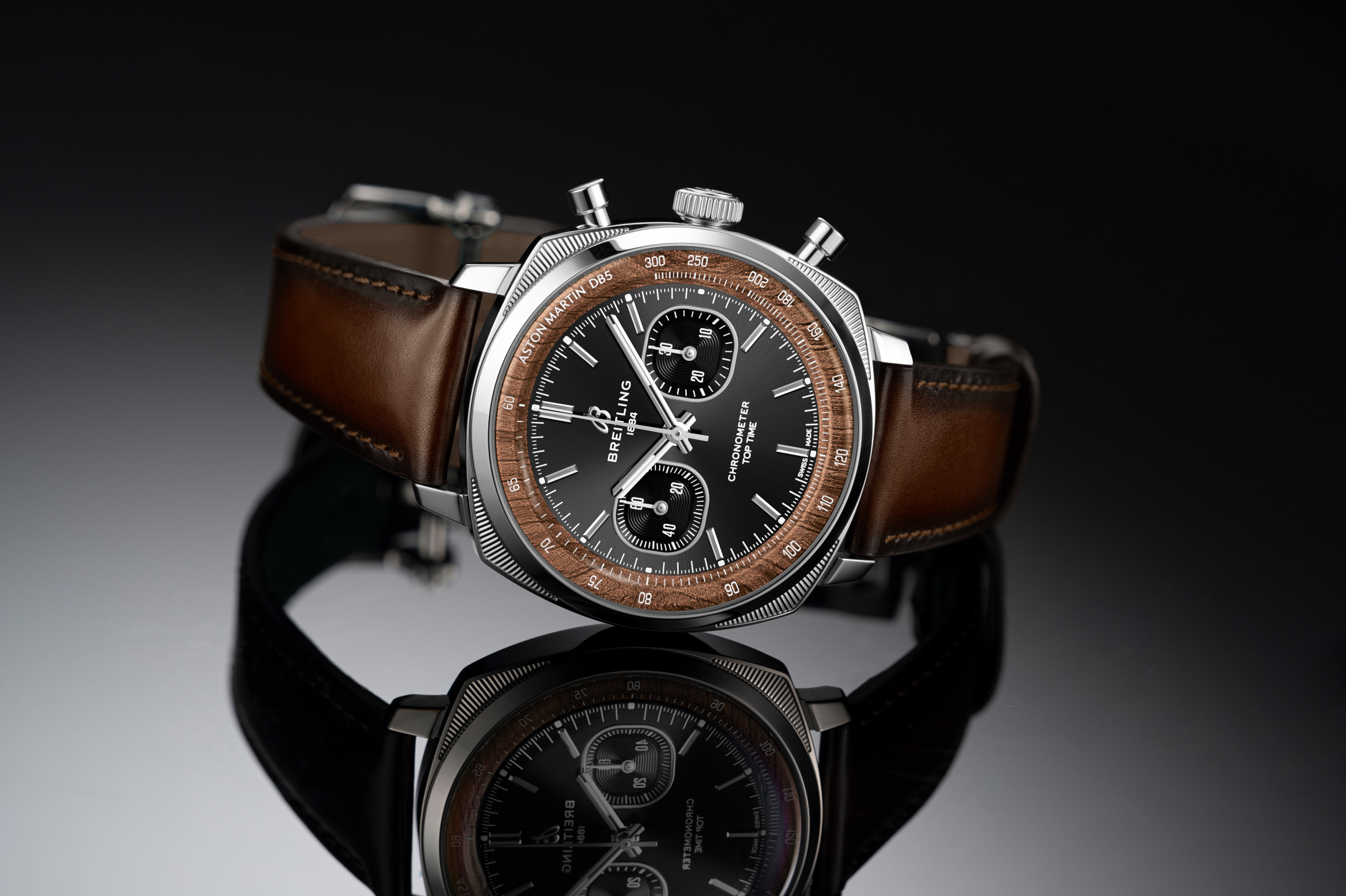 Breitling Top Time B01 Chronograph 41 Tribute to Aston Martin DB5 in steel and platinum with black lacquered dial