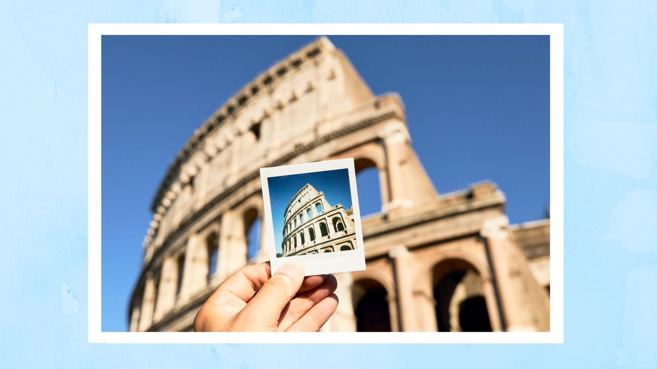 The &#039;How often do you think about the Roman Empire?&#039; joke is going viral on social media. Pictured: Man holding instant film photo in front of The Colosseum at sunset