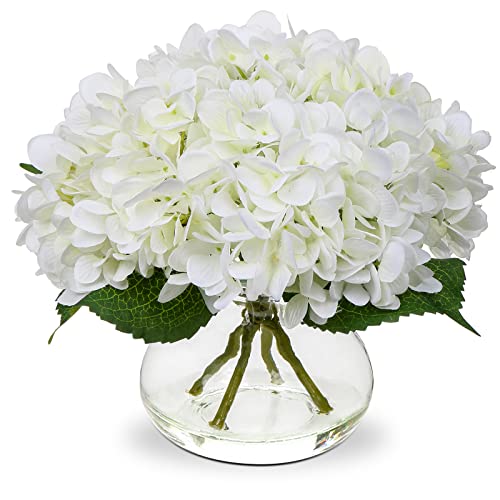 Hollyone Hydrangea Artificial Flowers With Vase White Silk Fake Flowers Arrangements in Glass Vase With Faux Water for Home Bathroom Office Table Centerpiece Shelf Decorations