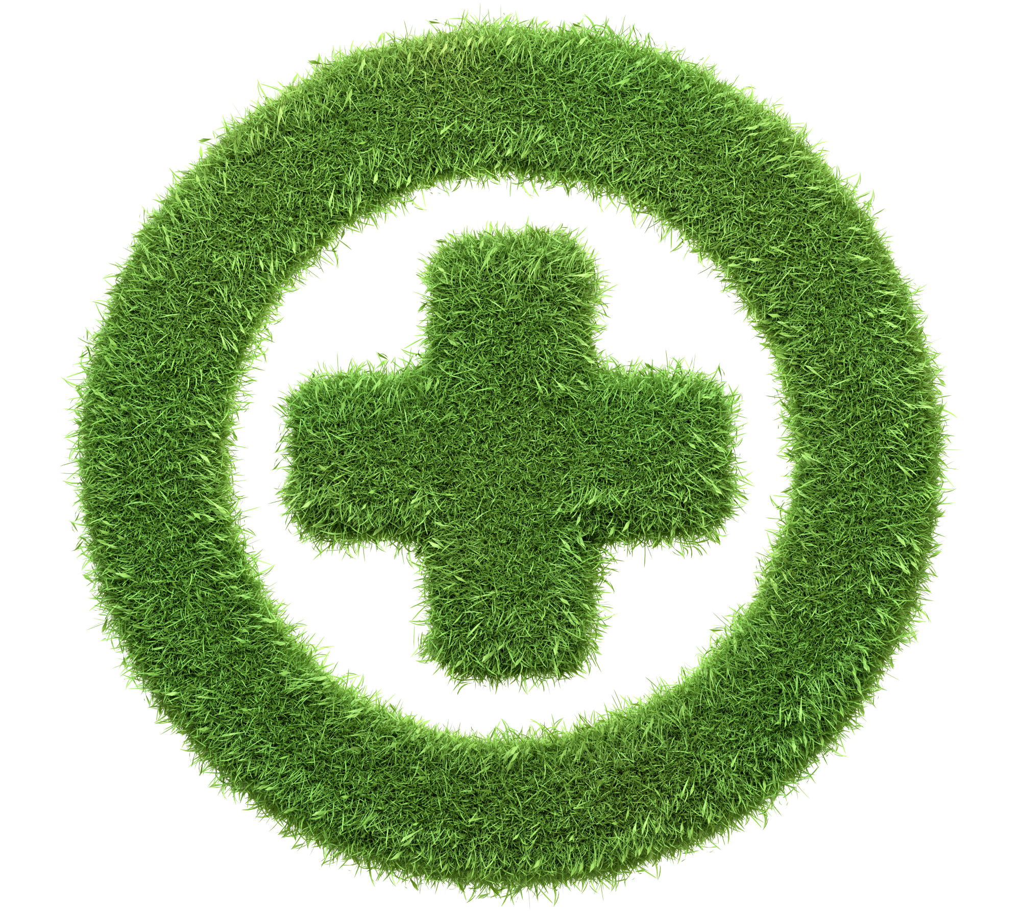 A medical plus sign enclosed in a circle, crafted from green grass