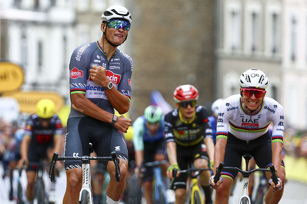 Dutch Mathieu van der Poel of Alpecin-Deceuninck celebrates after winning the second stage of the 2025 Tour de France cycling race, from Lauwin-Planque to Boulogne-sur-Mer (212 km), on Sunday 06 July 2025 in France. The 112th edition of the Tour de France starts on Saturday 5 July in Lille, and will finish in Paris on the 27th of July. BELGA PHOTO DAVID PINTENS (Photo by DAVID PINTENS / BELGA MAG / Belga via AFP)