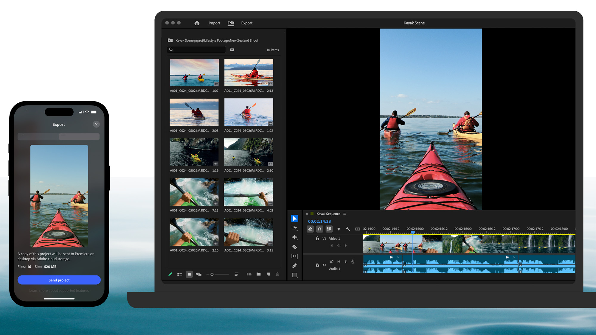 Phone and laptop both displaying Adobe Premiere with footage of a canoe on both screens