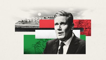 Photo composite of Keir Starmer, a map of Israel, Gaza and the West Bank, and homes alongside the barrier in Al-Ram