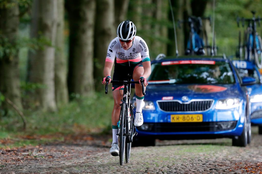 HOOGEVEEN NETHERLANDS OCTOBER 23 Lieke Nooijen of Netherlands and Team Parkhotel Valkenburg competes in the breakaway during the 17th UCI Womens WorldTour Ronde van Drenthe 2021 a 1591km one day race from Assen to Hoogeveen UCIWWT RondevDrenthe on October 23 2021 in Hoogeveen Netherlands Photo by Bas CzerwinskiGetty Images
