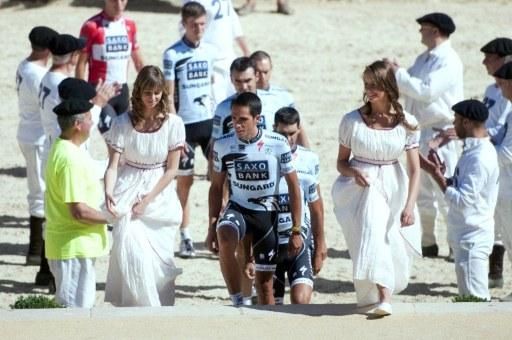 The Saxo Bank team is lead in by Alberto Contador