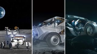 Three concepts for moon rovers driven by astronauts on the moon