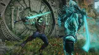 Aran does a jump strike at an enemy charging up an attack in Blades of Fire