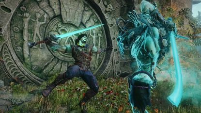 Aran does a jump strike at an enemy charging up an attack in Blades of Fire