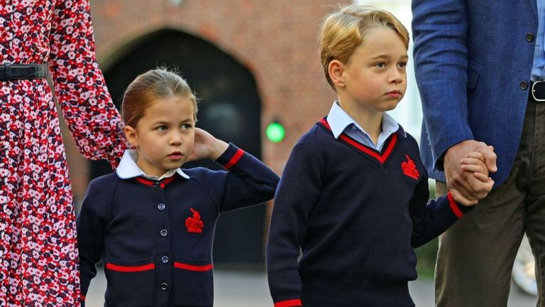 britains princess charlotte of cambridge, with her brother, britains prince george of cambridge, arrives for her first day of school at thomass battersea in london on september 5, 2019 photo by aaron chown pool afp photo credit should read aaron chownafp via getty images
