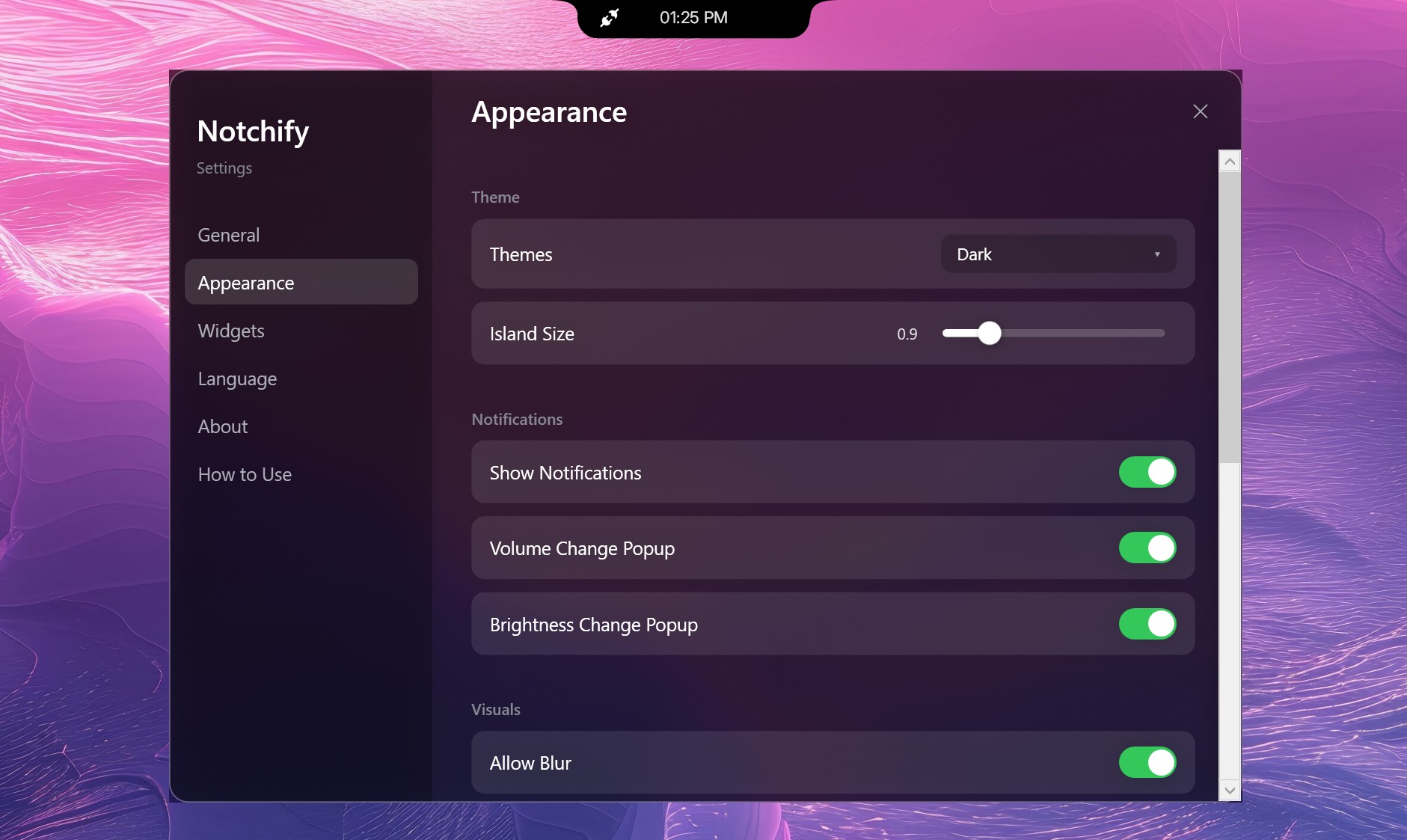 The Notchify settings window open to the Appearance tab, featuring dark theme selection, an island size slider, and notification pop-up toggles.