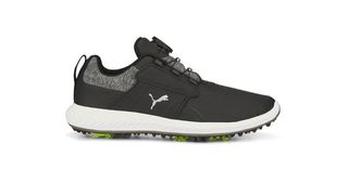 Puma Youth Ignite PWRCAGE Golf Shoes and their BOA Fit system on a white background