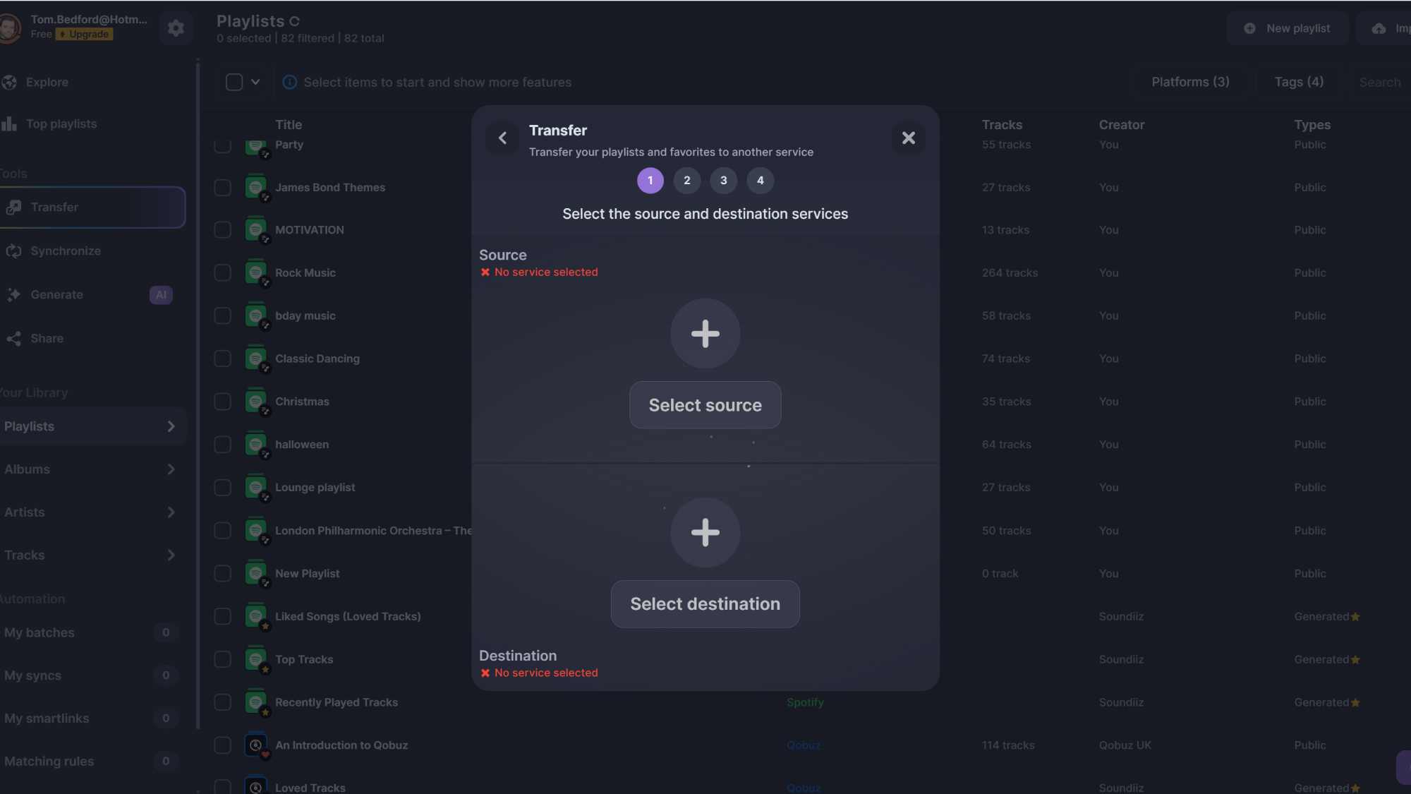 A menu on Soundiiz, converting a Spotify playlist to a Qobuz playlist.
