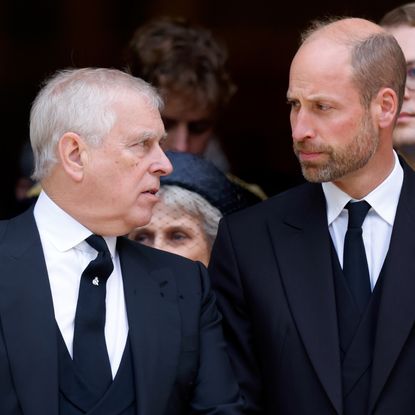 Prince Andrew talking to Prince William at the Duchess of Kent's funeral