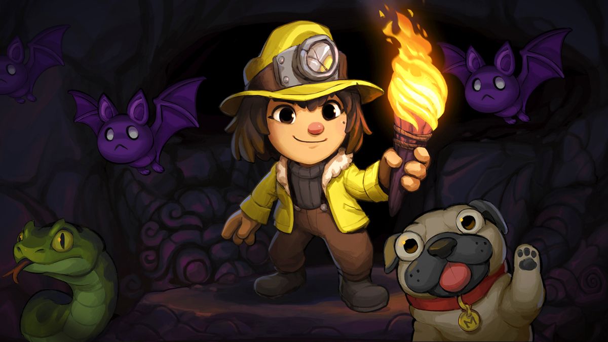 Spelunky 2 artwork showing a character wearing a yellow coat and mining hardhat while wielding a torch