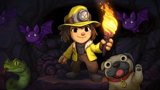 Spelunky 2 artwork showing a character wearing a yellow coat and mining hardhat while wielding a torch