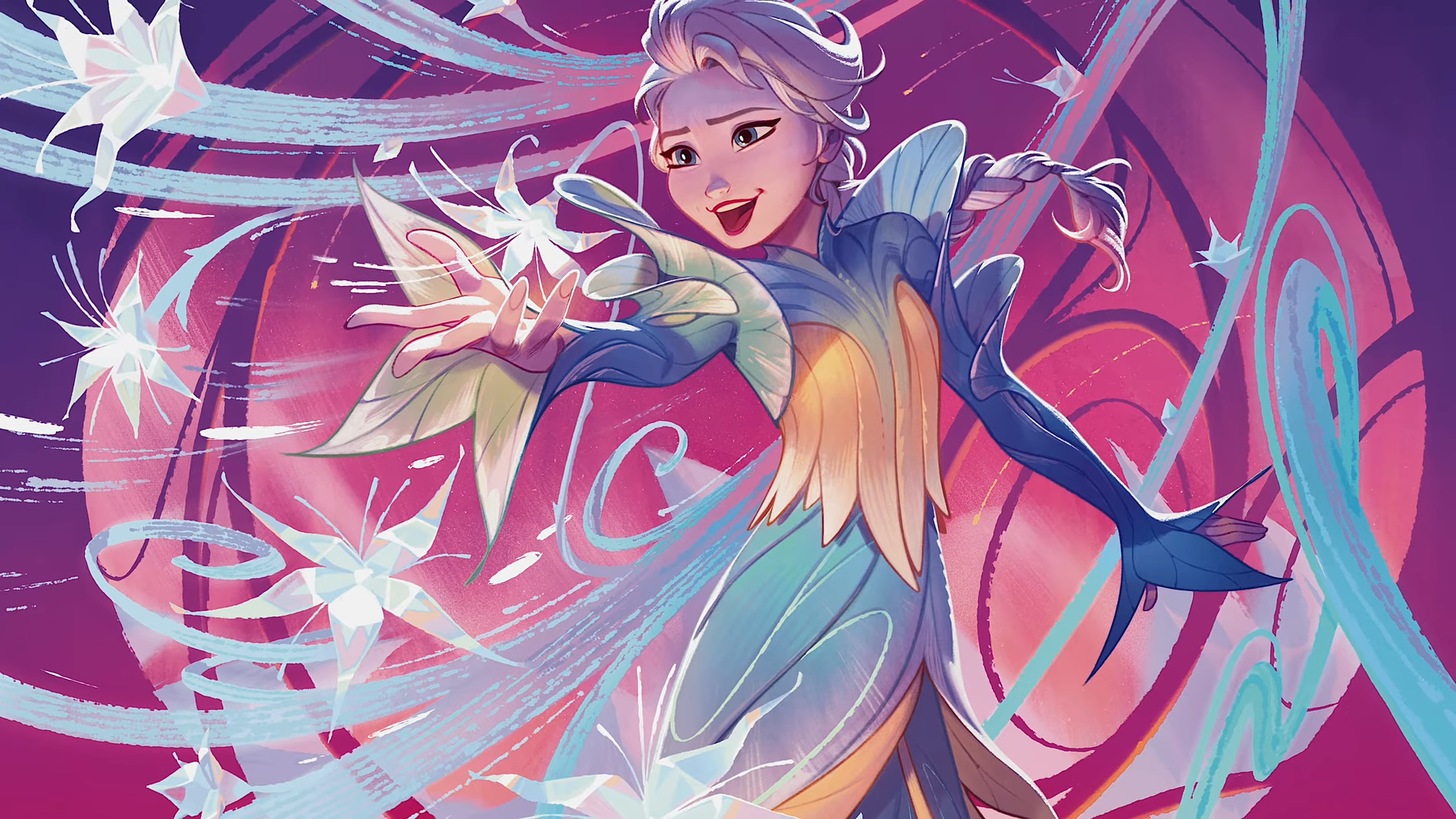 Elsa shoots icy flowers against a pink background