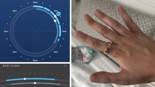A collage showing screenshots of the Oura Ring app's Chronotype and Body Clock features and an image of the Oura Ring 4 on a woman's hand. 