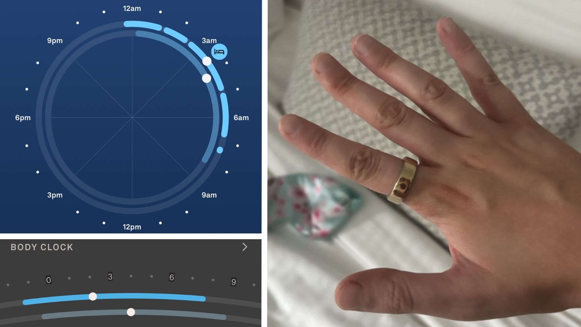 A collage showing screenshots of the Oura Ring app's Chronotype and Body Clock features and an image of the Oura Ring 4 on a woman's hand. 