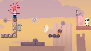 Local multiplayer games — a raccoon and chicken face the obstacle course of deadly traps, while a sheep dances in triumph past the finish line.