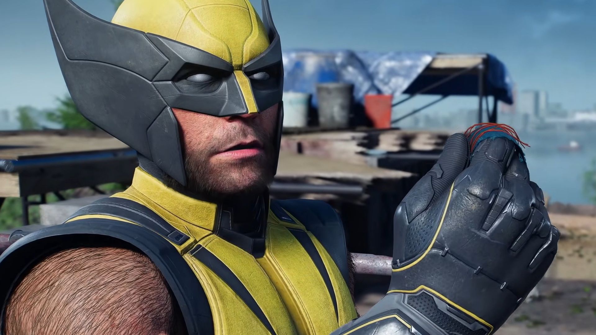 A cropped image of Logan examining fibers in Marvel's Wolverine as he tracks kidnap victims