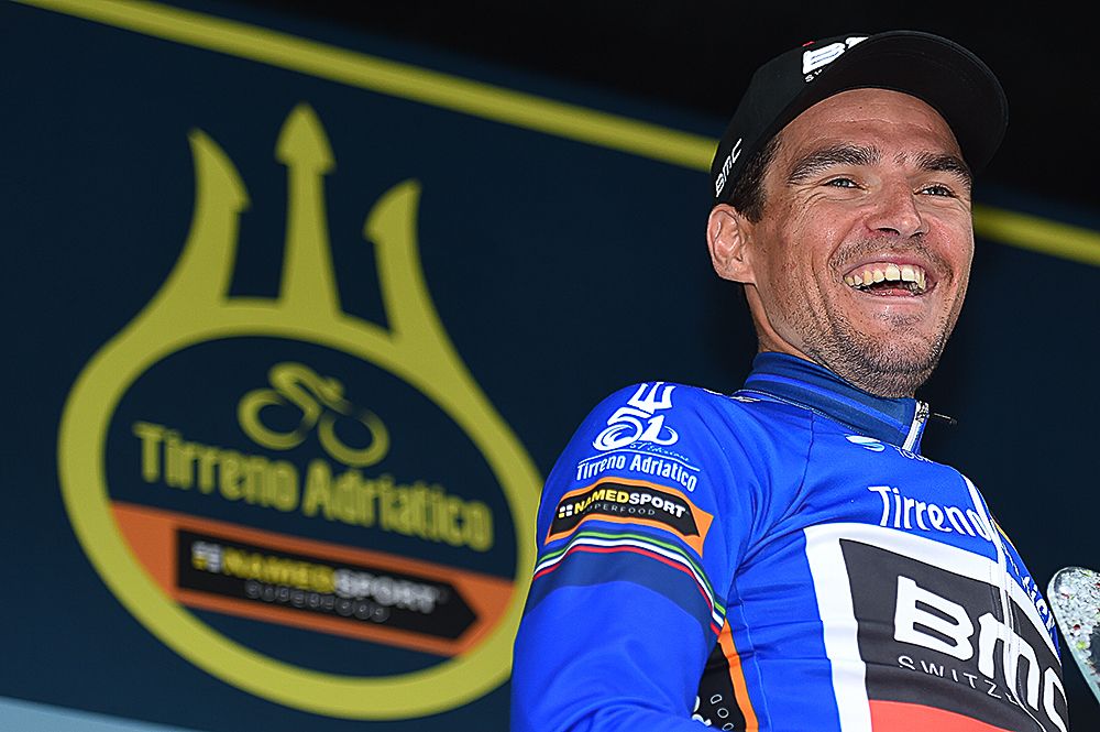 Greg van Avermaet in blue on the final Tirreno-Adriatico podium