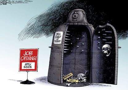 Political cartoon U.S. White House chief of staff job opening Reince Priebus John Kelly torture