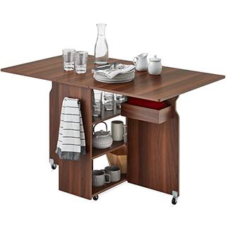 Best Choice Products Folding Dining Table, Multipurpose Space Saving Collapsible Drop Leaf Extension Desk W/wheels, 3 Storage Shelves - Brown