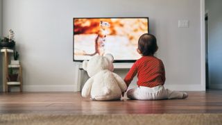 Baby watching TV with a teddy bear sat on floor