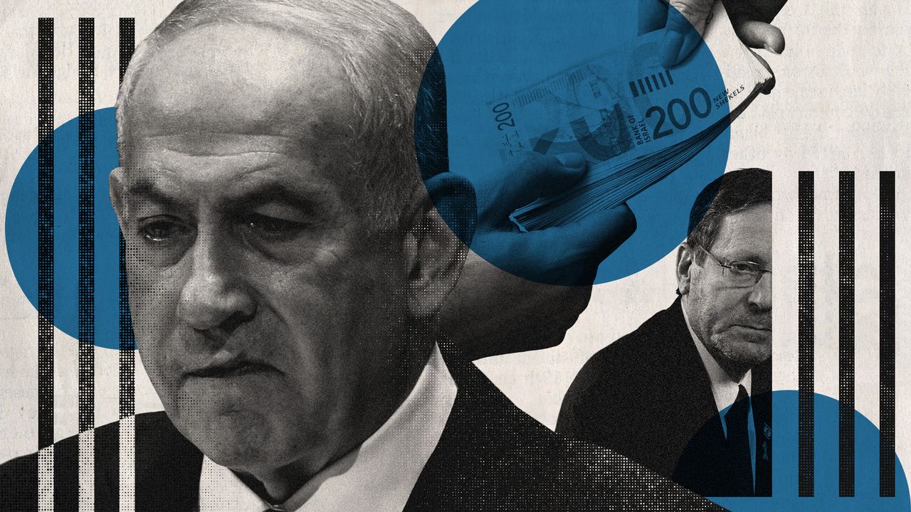 Photo collage of Benjamin Netanyahu and Isaac Herzog with graphic elements evoking prison bars