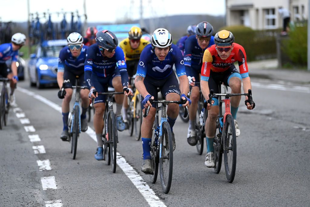 HARELBEKE BELGIUM MARCH 24 LR Ivn Garca Cortina of Spain and Movistar Team and Matej Mohori of Slovenia and Team Bahrain Victorious compete in the chase groupduring the 66th E3 Saxo Bank Classic Harelbeke 2023 a 2041km one day race from Harelbeke to Harelbeke on UCIWT March 24 2023 in Harelbeke Belgium Photo by Tim de WaeleGetty Images