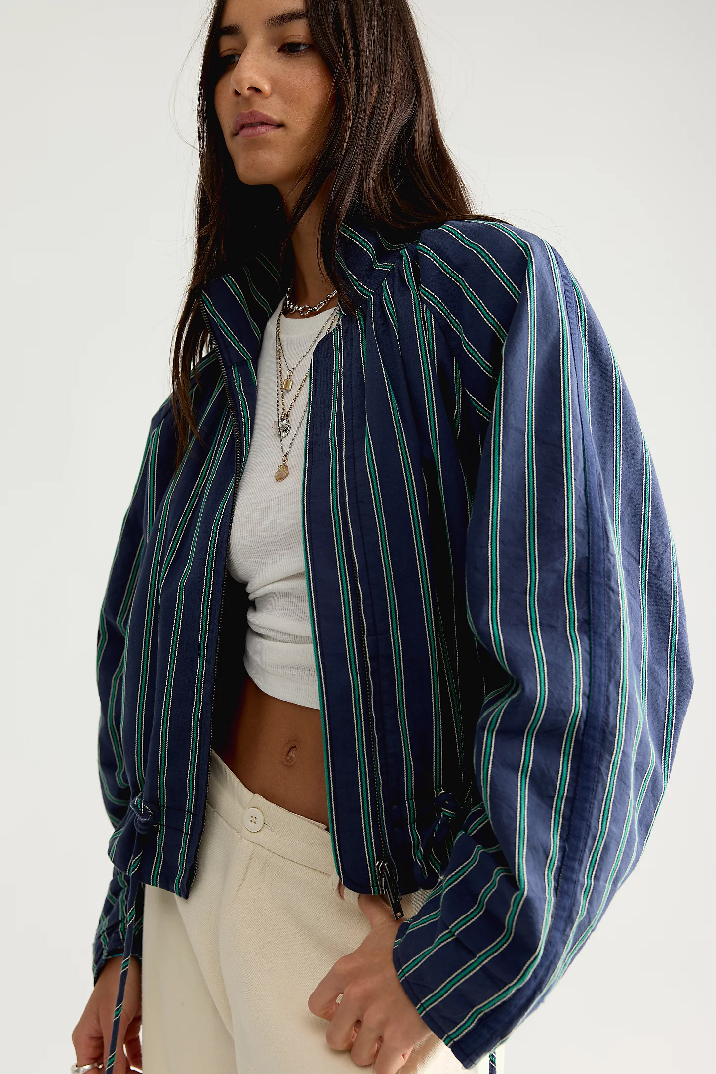 Free People, Devon Striped Balloon Funnel-Neck Jacket
