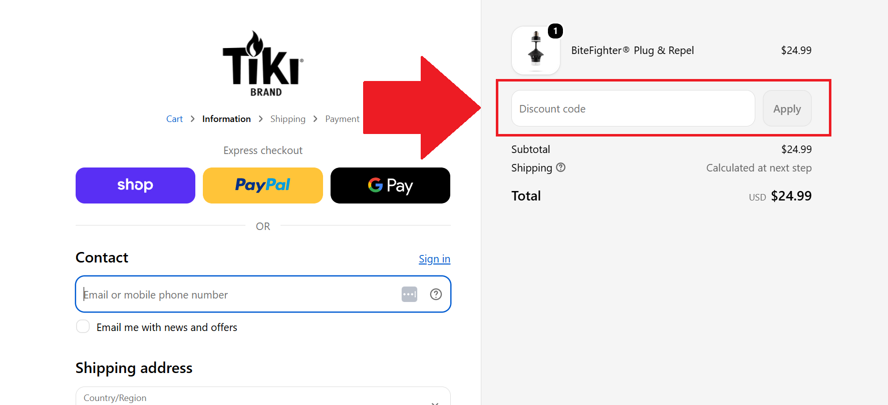 A screenshot of the Tiki checkout page showing where to enter your Tiki promo code