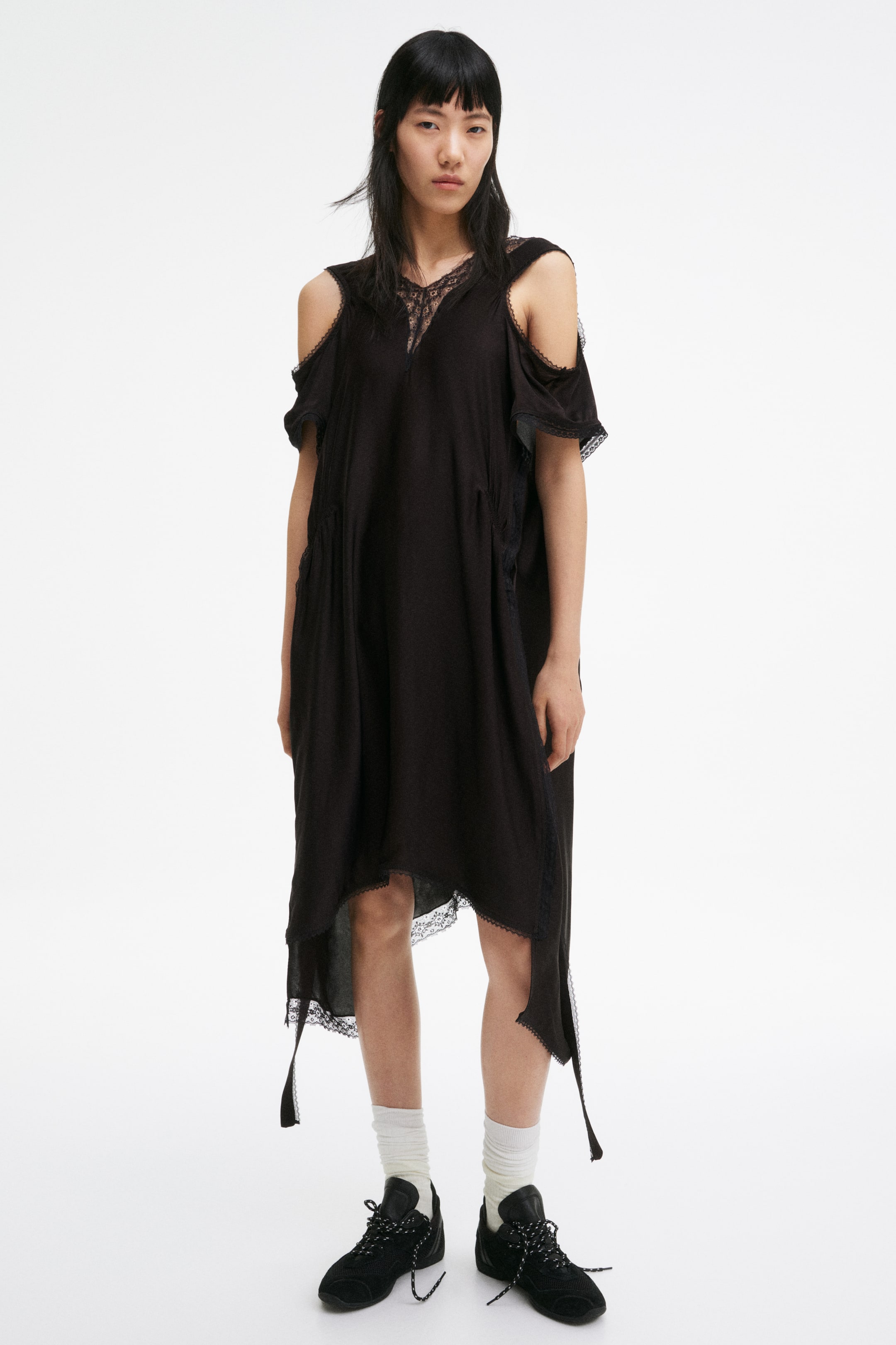 Lace-Trimmed Satin Dress - Black