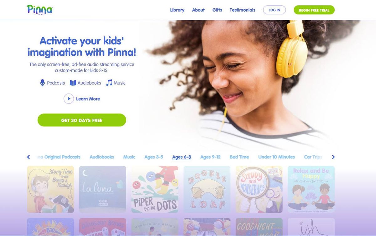 Homepage of Pinna website, featuring girl smiling with headphones on.