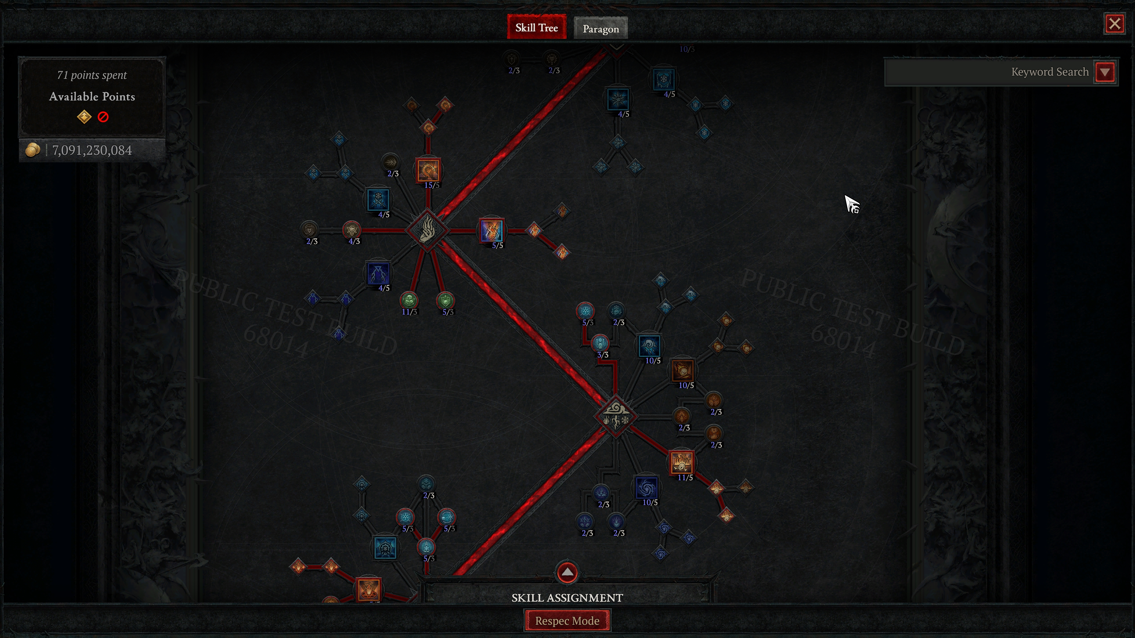 A screenshot of Diablo 4's season 10 PTR. A detailed skill tree on a dark background. A bright red line zig zags through the middle of the tree and various skill nodes branch off of each elbow like spokes on a wheel.