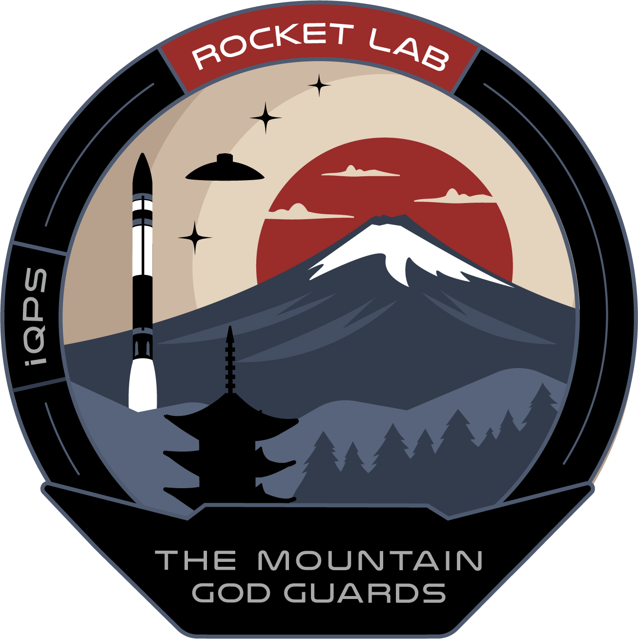 A mission patch showing a black and white rocket launching to the left of a snow-capped mountain and big red sunrise.