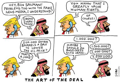 Political cartoon U.S. Trump Mohammed bin Salman Jamal Khashoggi art of the deal