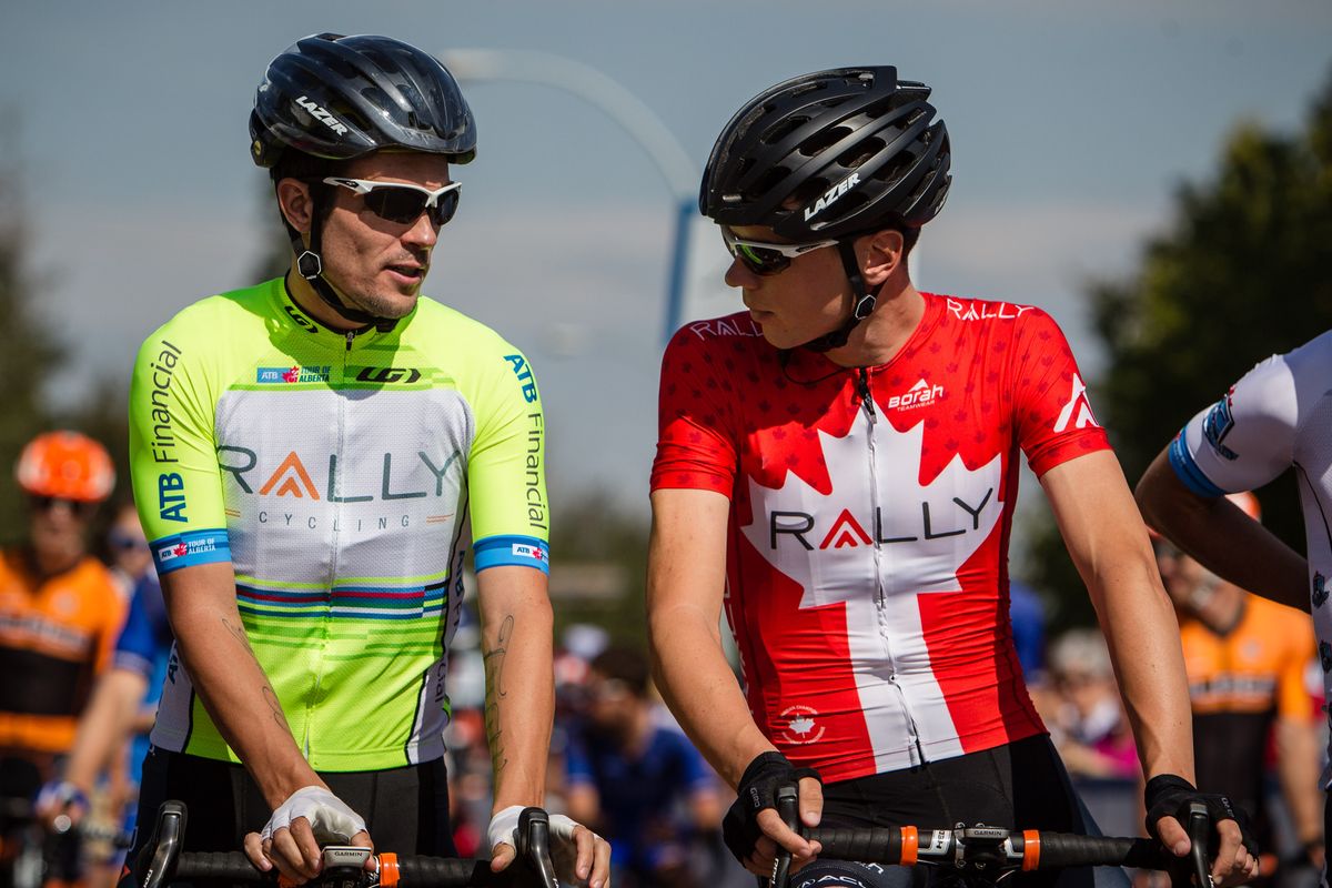 Teammates Matteo Dal-Cin and Evan Huffman (Rally Cycling) at the start of stage 2
