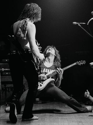 Neil Giraldo plays a B.C. Rich Eagle onstage with Rick Derringer (left) in 1978. Derringer wouldn’t let him play a Mockingbird as that was his guitar of choice at the time.