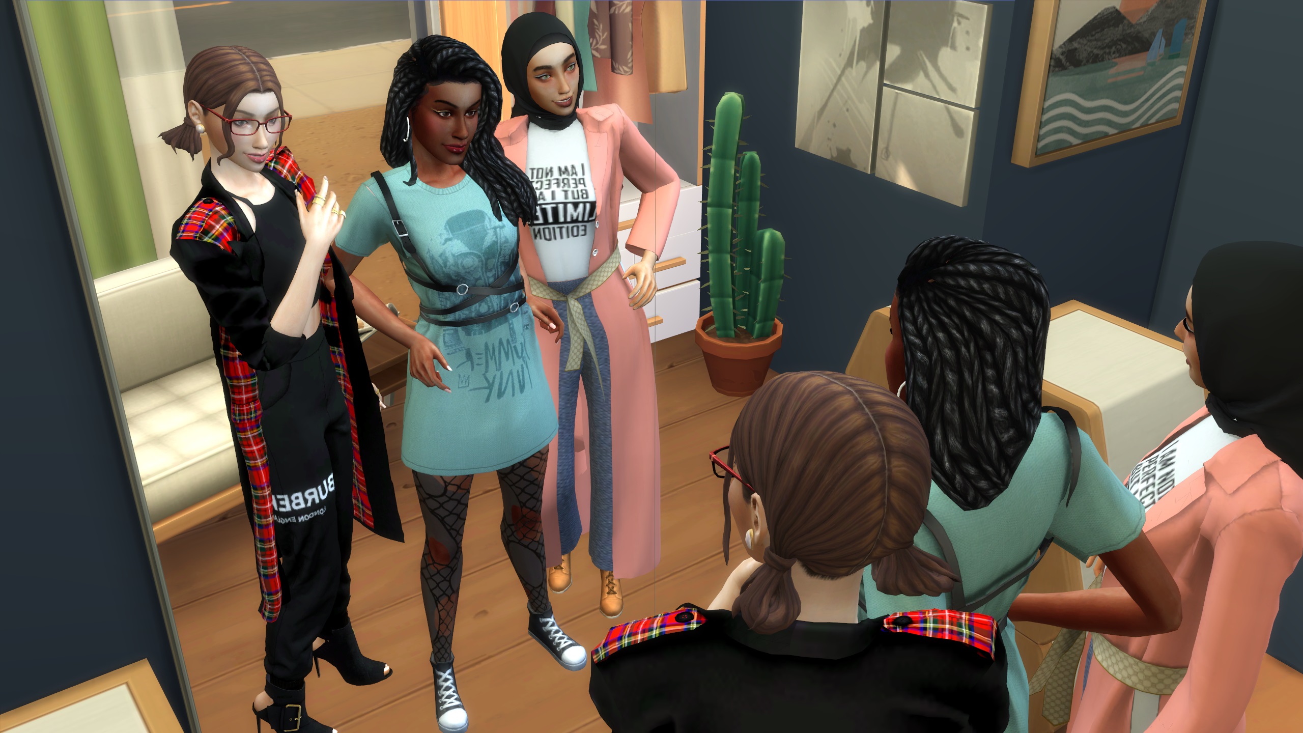 The Sims 4 CC - Three Sims stand together in a mirror wearing custom fashionable outfits.