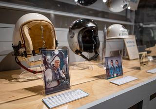 Helmets worn by astronaut Frank Borman during his NASA career are on display in "The Borman Collection: An EAA Member's Space Odyssey" at the EAA Aviation Museum in Wisconsin.