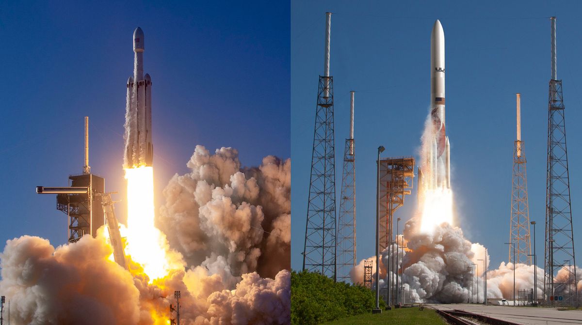 The U.S. Department of Defense has picked SpaceX and United Launch Alliance as its primary national security payload launch providers. Left: A SpaceX Falcon Heavy launch. Right: ULA&#039;s planned Vulcan Centaur rocket.