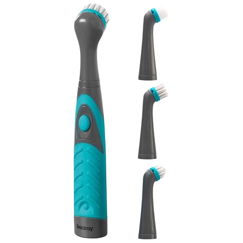 Beldray La082718eu7 Battery Powered Scrubber Brush, Deep Clean Handheld Tool With 4 Interchangeable &amp;amp; Oscillating Heads, Designed for Precision Cleaning, for Grout,tiles, Shoes, Grey/turquoise, 4x26x3