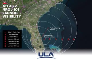 This United Launch Alliance graphic shows the visibility range for the evening launch of an Atlas V rocket carrying the NROL-101 spy satellite from Cape Canaveral Air Force Station in Florida on Nov. 4, 2020.