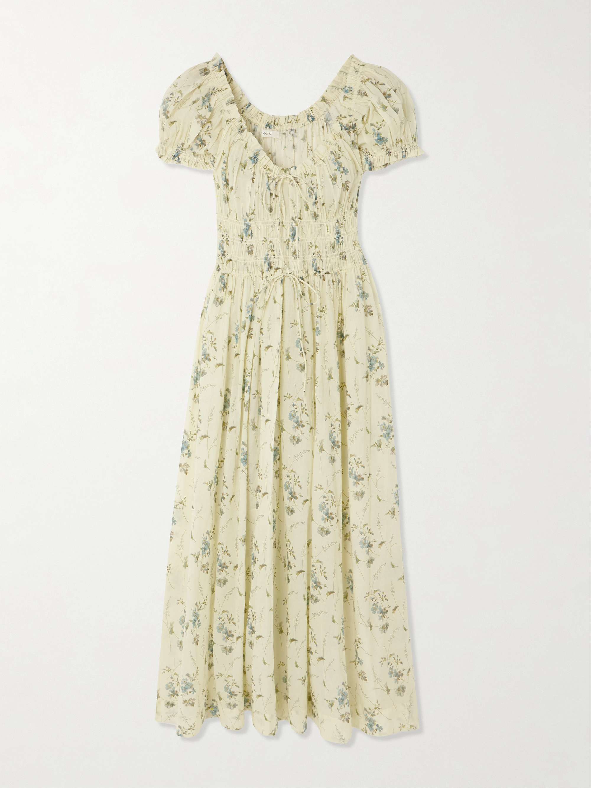 Ashlynn Tie-Detailed Shirred Floral-Print Organic Cotton-Voile Midi Dress