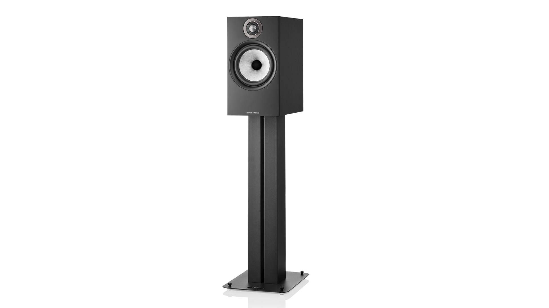 B&W 606 S2 bookshelf speaker on stand against white background